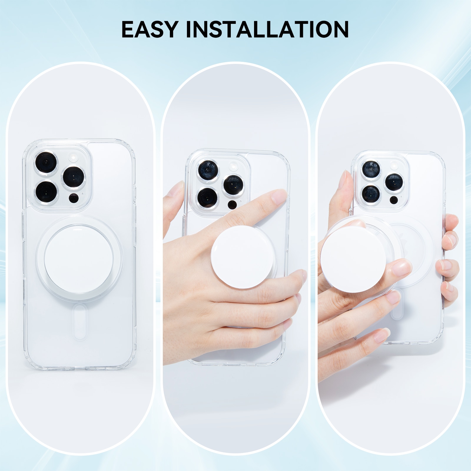 Set 2 piese: Husa transparenta MagSafe + PopSockets magnetic alb pentru iPhone 16 - TPU Magnetic Case, Design subtire, Compatibil cu incarcare wireless, Transparent-alb