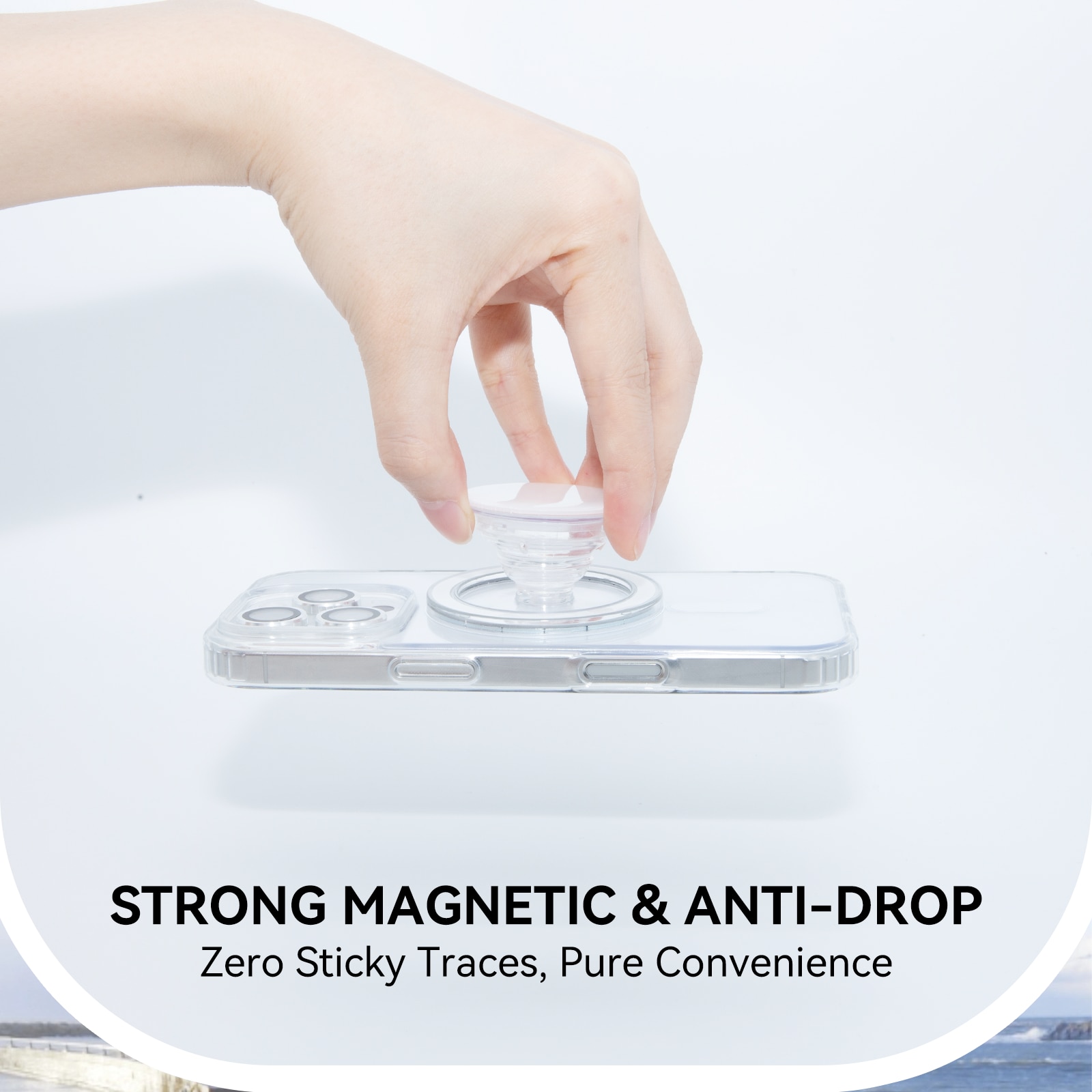 Set 2 piese: Husa transparenta MagSafe + PopSockets magnetic alb pentru iPhone 16 - TPU Magnetic Case, Design subtire, Compatibil cu incarcare wireless, Transparent-alb