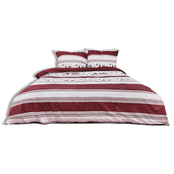 Flanel ágynemű 160x200 cm, MATEX, 100% pamut, fehér és piros, 3 darabos szett