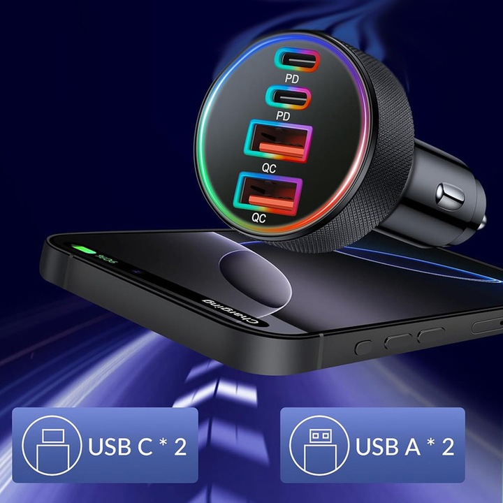 4 portos autós töltő, 90 W, 2 USB-C és 2 USB-A, kompatibilis iPhone, iPad, Samsung és Android készülékekkel