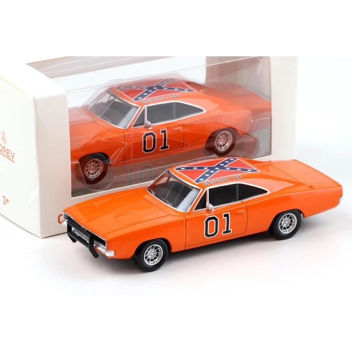 Dodge Charger "General Lee" fröccsöntött modellautó, Norev, méretarány 1:43, kb. 12 cm, narancssárga