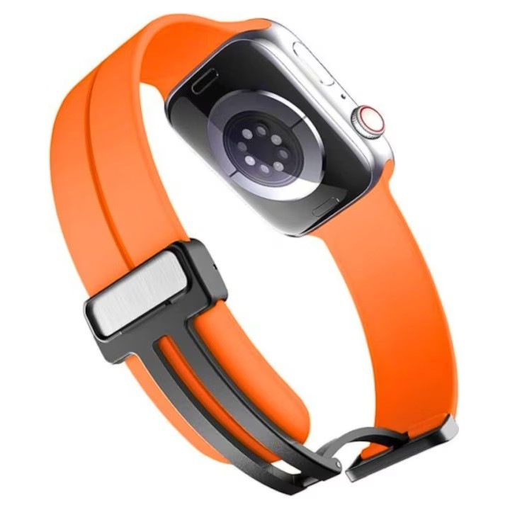 Narancssárga szilikon mágneses szíj, kompatibilis Apple Watch 1/2/3/4/5/6/7/8/9/10 46mm/SE/ULTRA, 42/44/45/46/49mm