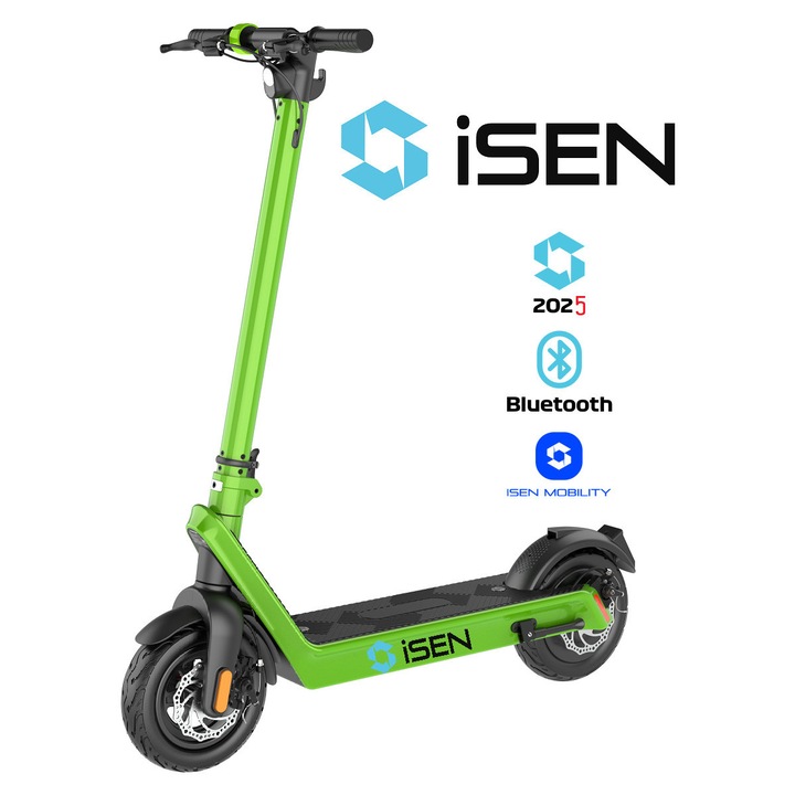 iSEN X9 Plus 2025 összecsukható elektromos roller, zöld, BT, 10 hüvelykes, 850 W, maximális hatótáv 65 km, akár 40 km/h, kivehető akkumulátor 15,6 Ah