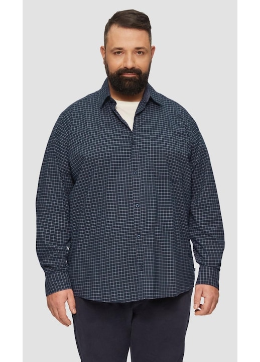 Camasa barbati big sizes din amestec de bumbac cu elastan, imprimeu in carouri, croiala Regular fit, Bleumarin, Bleumarin