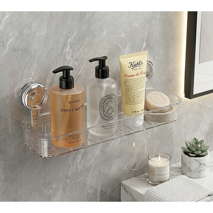 Raft / Etajera de Dus, N2L Store®, fara Gaurire, Ventuze Extrem de Puternice, Rezistenta la Greutate Maxima 10kg, Organizator Baie si Bucatarie, Raft Perete, Transparent