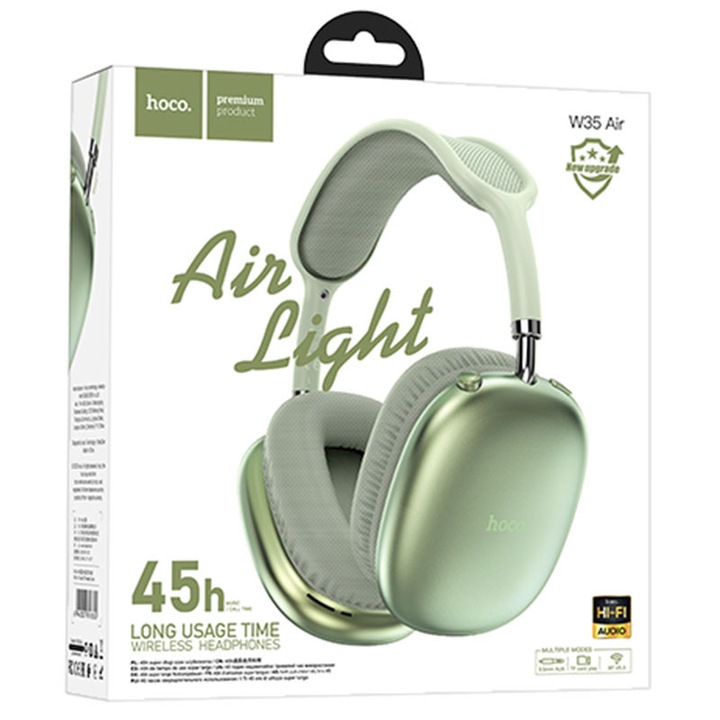 Vezeték nélküli fejhallgató Hoco (W35), Vezeték nélküli, Over Ear, BT 5.3, 200 óra készenlét, Air Triumph, Zöld