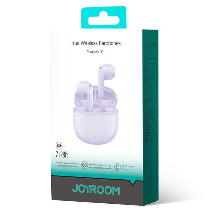 Casti Wireless Joyroom (JR-FB1), Casti Wireless, Ear Buds, BT 5.3, StandBy, 400mAh, Husa Silicon, Purple