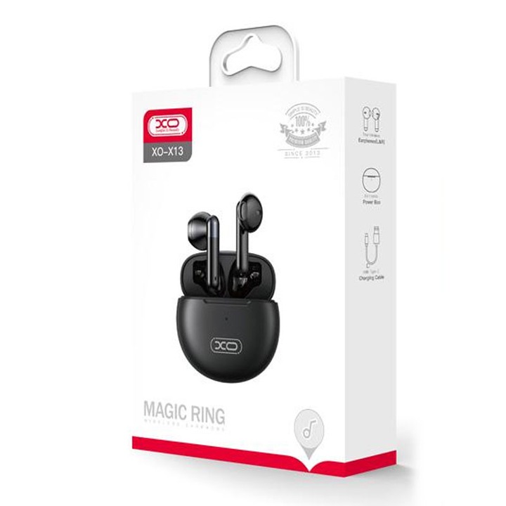 Casti Wireless XO (X13), Vezeték nélküli fülhallgató, Ear Buds, BT 5.1, 200 óra készenlét, 300mAh, Magic Ring, Fekete