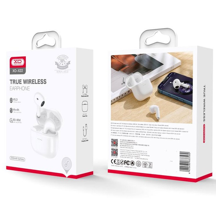 Casti Wireless XO (X22), Vezeték nélküli fülhallgató, Ear Buds, BT 5.3, 200 óra készenlét, 250mAh, Yuzhu, Fehér