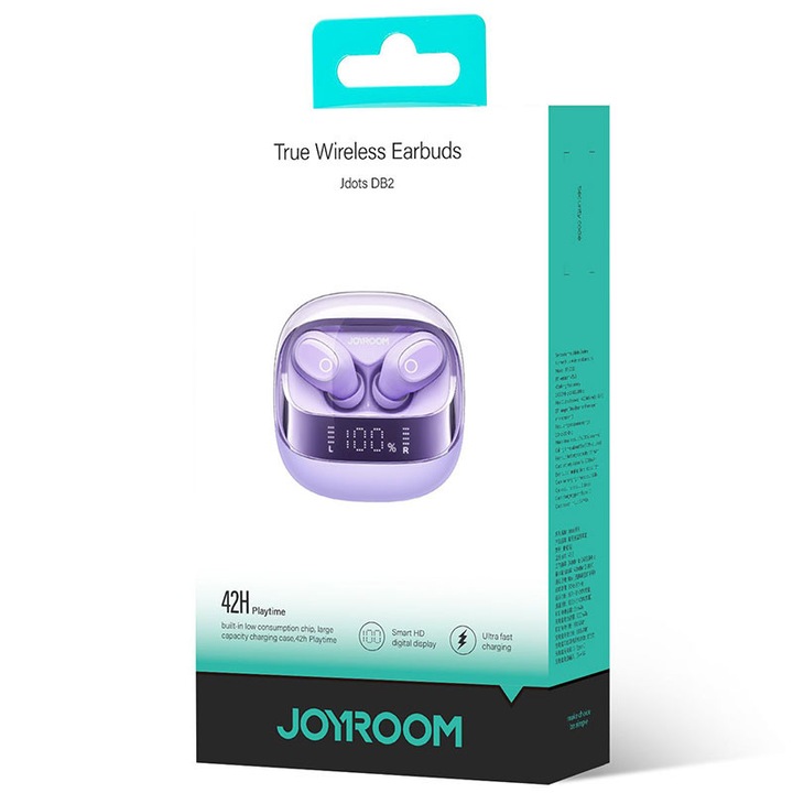 Joyroom JR-DB2 vezeték nélküli fülhallgató, BT 5.3, készenléti, 500 mAh, LED táp, lila