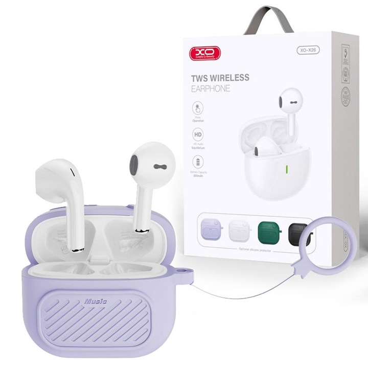 Vezeték nélküli fülhallgató XO (X26), Vezeték nélküli fülhallgató, Fülhallgató, BT 5.1, 180 óra készenlét, 300 mAh, Tok + zsinór, Lila