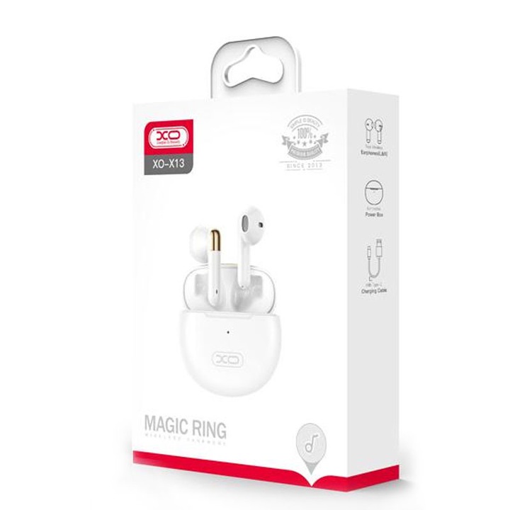 Casti Wireless XO (X13), Vezeték nélküli fülhallgató, Fülhallgató, BT 5.1, 200 óra készenlét, 300 mAh, Magic Ring, Fehér