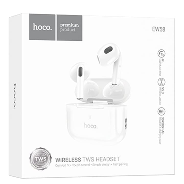 Casti Wireless Hoco (EW58), Vezeték nélküli fülhallgató, Ear Buds, BT 5.3, 150 óra készenlét, 300mAh, Fehér