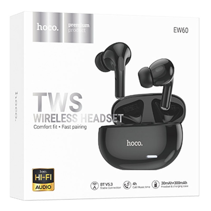 Casti Wireless Hoco (EW60), Vezeték nélküli fülhallgató, Ear Buds, BT 5.3, 150 óra készenlét, 300mAh, HiFi, Norman, Fekete