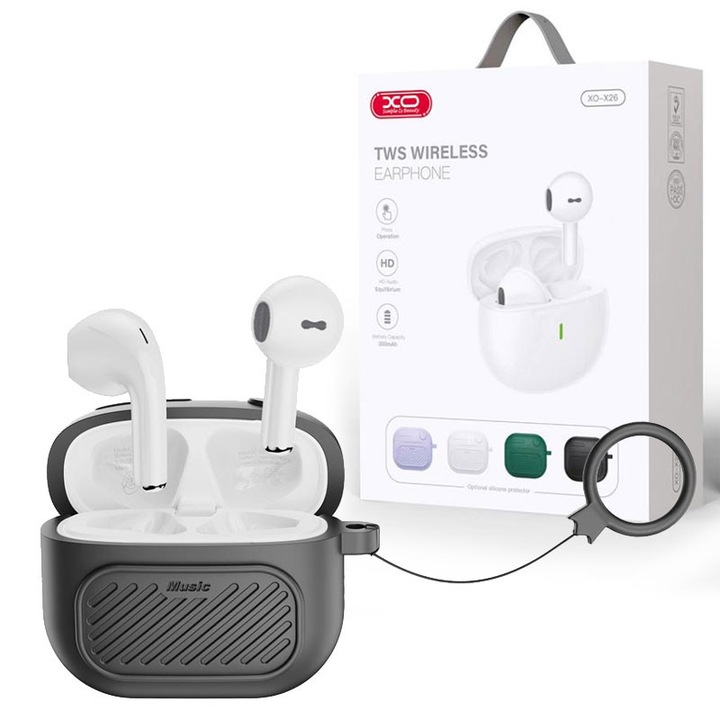 Casti Wireless XO (X26), Vezeték nélküli fülhallgató, Ear Buds, BT 5.1, 180 óra készenléti idő, 300mAh, Tok + Zsinór, Fekete