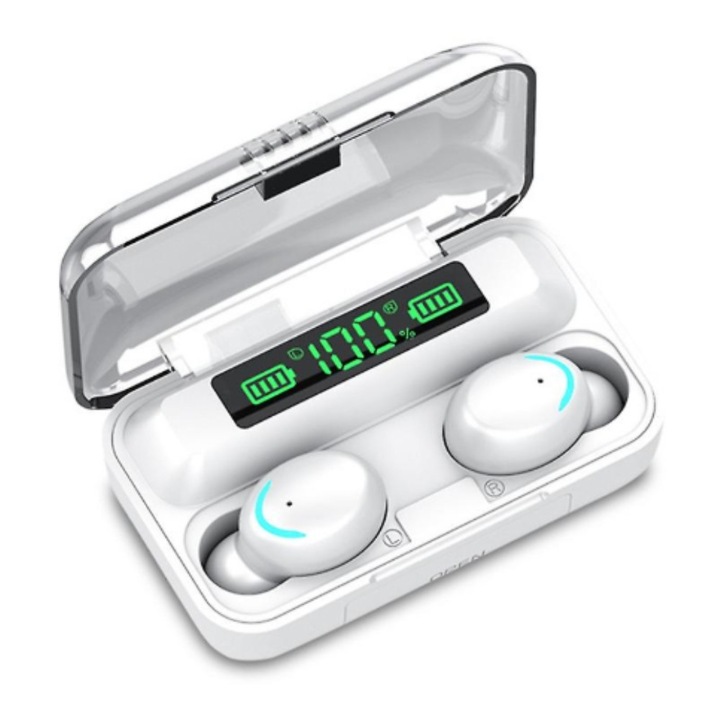 F9-5C Bluetooth fejhallgató, okos, Bluetooth 5.0, univerzális kompatibilitás, IOS + Android, 38 ms késleltetés, 8D surround hangzás, kiterjesztett üzemidő, fehér színű