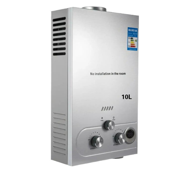 LPG gázos vízmelegítő, átfolyós víz, automata gyújtás, 10 L, ezüst