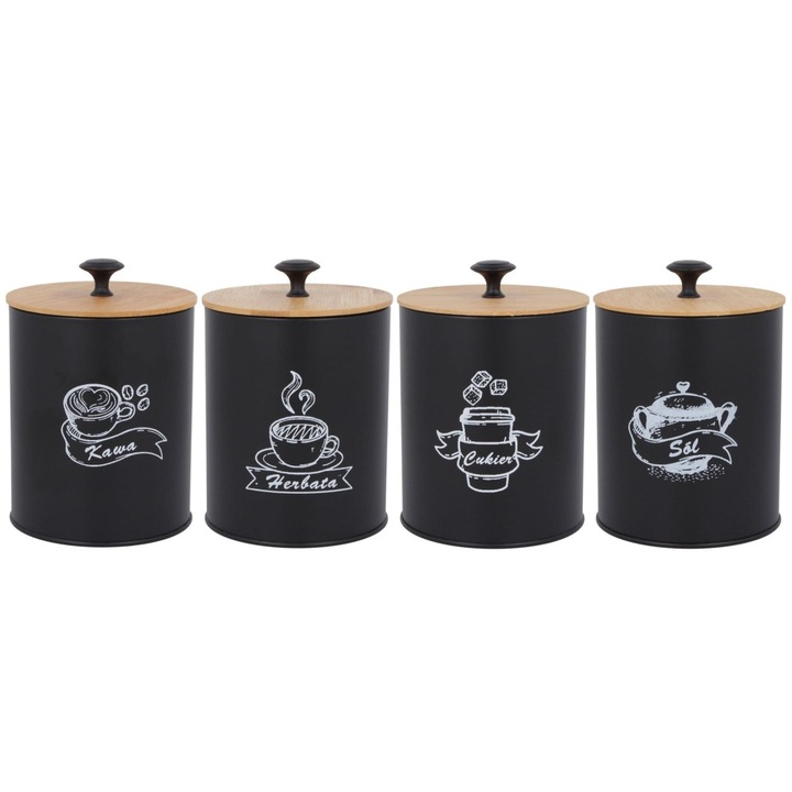 Set 4 cutii alimentare Brunbeste, pentru cafea, ceai, zahar, sare, 15x11cm, negru mat