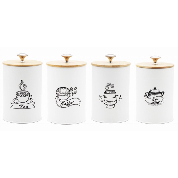 Set 4 cutii alimentare, Brunbeste, pentru cafea, ceai, zahar, sare, otel inoxidabil, alb mat, 16x9.5cm