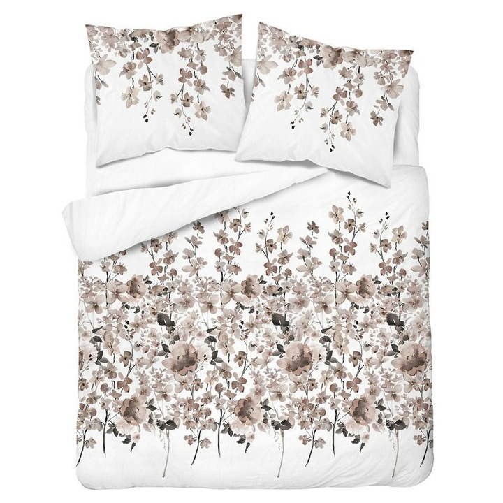 Lenjerie de pat Detexpol, 220x200cm, 100% bumbac, alb/bej, set 3 piese