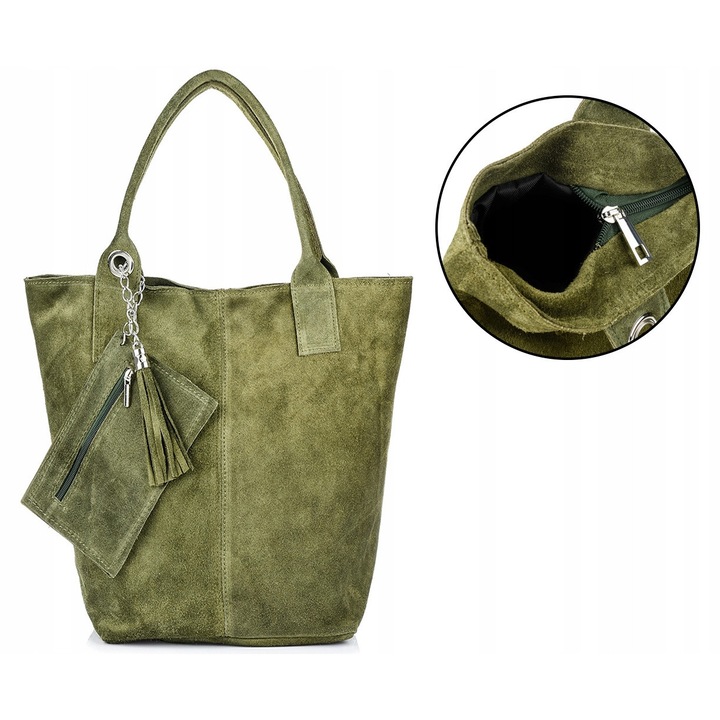 Geanta de umar din piele naturala, Beltimore model shopper, culoare olive, dimensiuni 35x25x18cm, include poseta mica