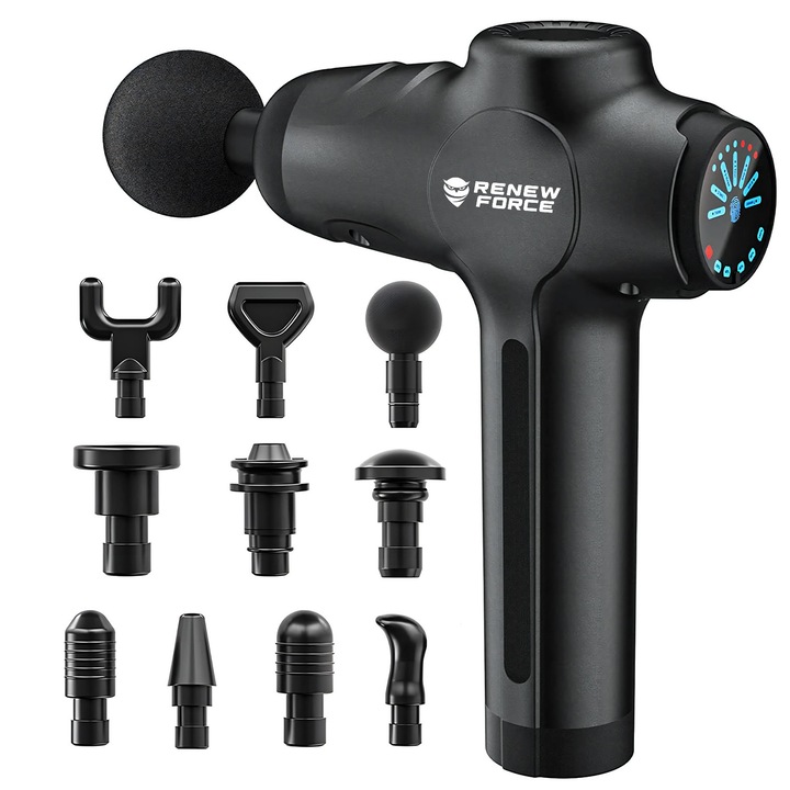 Aparat pentru masaj profesional tip pistol Renew Force, 7 viteze, motor silentios, 2800 r/min, sistem racire, ecran LCD cu touchscreen, oprire automata dupa 10 minute, 10 capete, Gri Y3-1