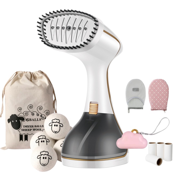 Steamer vertical Das Schaf™, 1780 W, incalzire rapida 20 sec, 3 trepte de putere, rezervor 320ml, touchscreen - Pachetul include: sac cu 6 bile de lana naturala, rola scame Cloud + 4 rezerve, manusa termica, perie pentru scame si pahar pentru reumplere