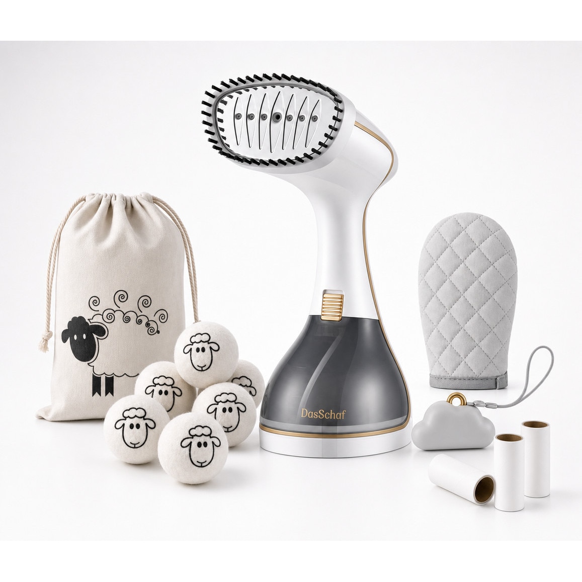 Steamer vertical Das Schaf™, 1780 W, incalzire rapida 20 sec, 3 trepte de putere, rezervor 320ml, touchscreen - Pachetul include: sac cu 6 bile de lana naturala, rola scame Cloud + 4 rezerve, manusa termica, perie pentru scame si pahar pentru reumplere