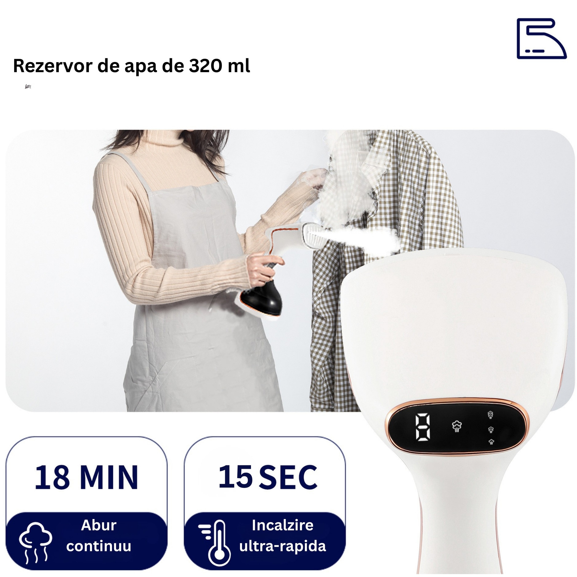 Steamer vertical Das Schaf™, 1780 W, incalzire rapida 20 sec, 3 trepte de putere, rezervor 320ml, touchscreen - Pachetul include: sac cu 6 bile de lana naturala, rola scame Cloud + 4 rezerve, manusa termica, perie pentru scame si pahar pentru reumplere