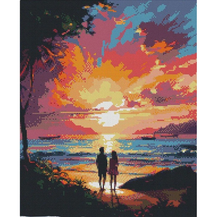 Set goblen cu diamante, cu sasiu, Plimbare in doi la apus, 40x50 cm