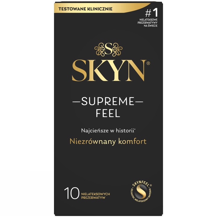 Презервативи, Skyn, Supreme Sensation, без латекс, ултра тънки, 53 mm ширина, 10 броя, вегански, гладка повърхност, полиизопрен, прозрачни