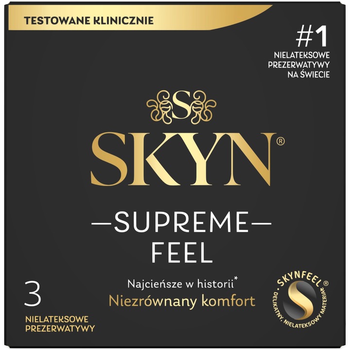 Prezervative, Skyn, Senzatie suprema, Fara latex, Ultra subtire, 3 bucati, Latime 53 mm, Vegan, Testat dermatologic, Poliizopren, Transparent