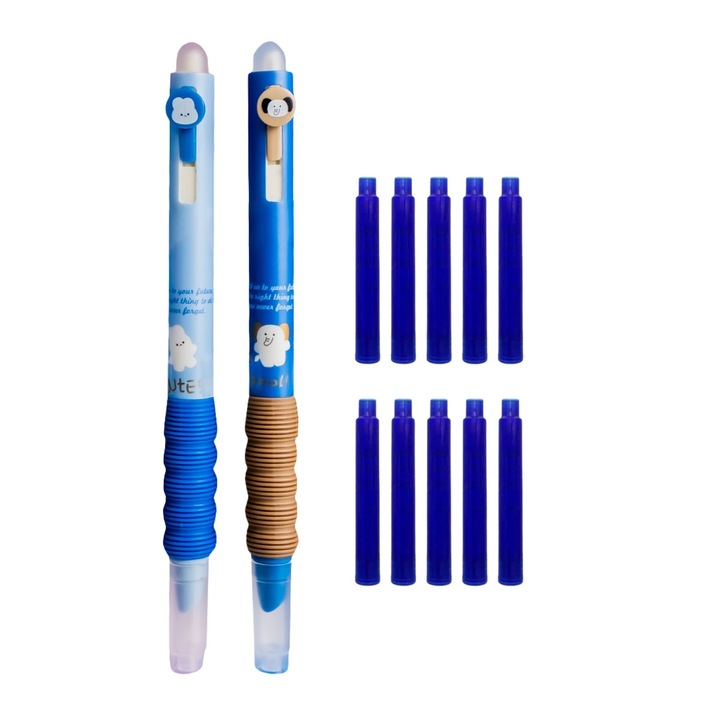 Set stilouri cu mecanism si cerneala termosensibila + Rezerve, Cool animals, Albastru