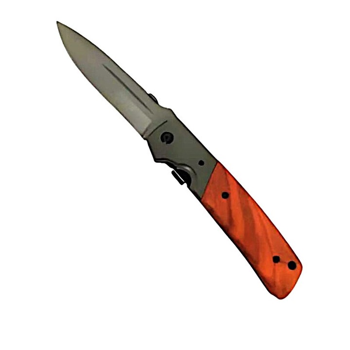 Cutit de Supravietuire, Tip Briceag, Cribeau, Placat Cu Titan, Blocare Tip Liner, 58 HRC, Rotita De Strangere, Bolt De Blocare, Agatatoare de Buzunar, Gri/Maro, 28 cm