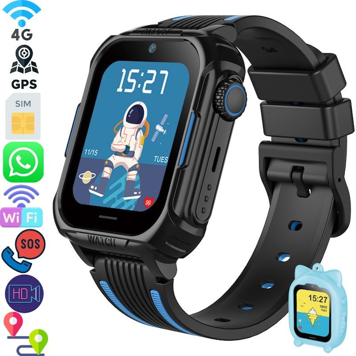 Gyerek okosóra, 4G, GPS-szel, WhatsApp, Videotelefon hívás, SOS gomb, Kémfigyelés, 1,69" IPS érintőképernyő, SIM kártyahely, GPS+LBS hely, Wi-Fi, Medálos, román menü, Android IOS telefon kompatibilis, WIRSEN®, kék