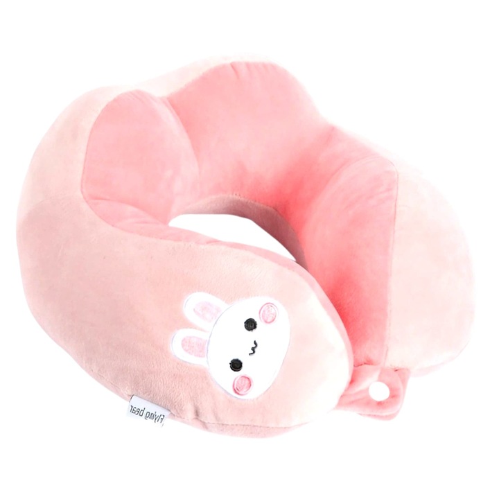 Възглавница за пътуване за глава и шия, памучен пълнеж, 28 см x 28 см, шарка на зайче, аксесоар за пътуване, офис, кола, закопчалка с телбод, розово