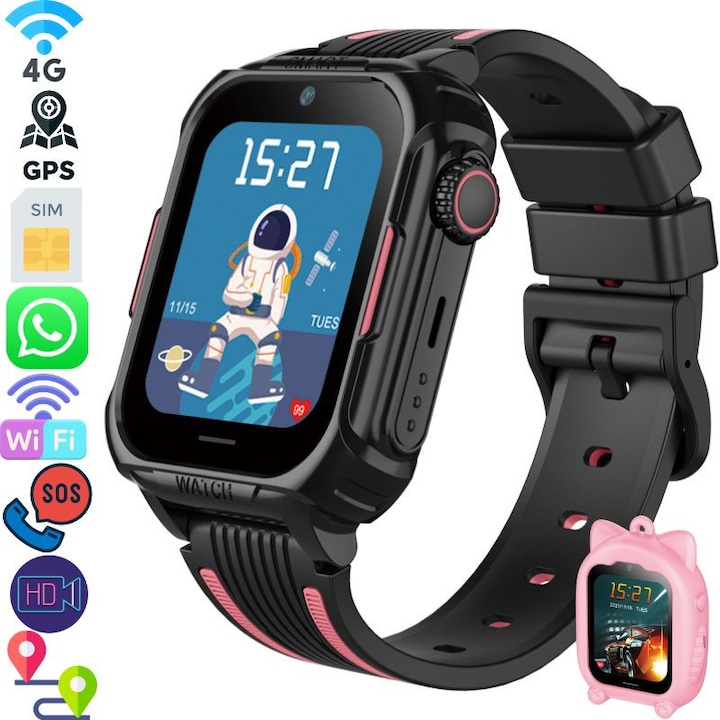 Gyerekok okosóra, 4G, GPS-szel, WhatsApp, Videotelefon hívás, SOS gomb, Kémfigyelő, 1,69" IPS érintőképernyő, SIM kártyahely, GPS+LBS hely, Wi-Fi, Medálos, román menü, Android IOS telefon kompatibilis, WIRSEN®, rózsaszín