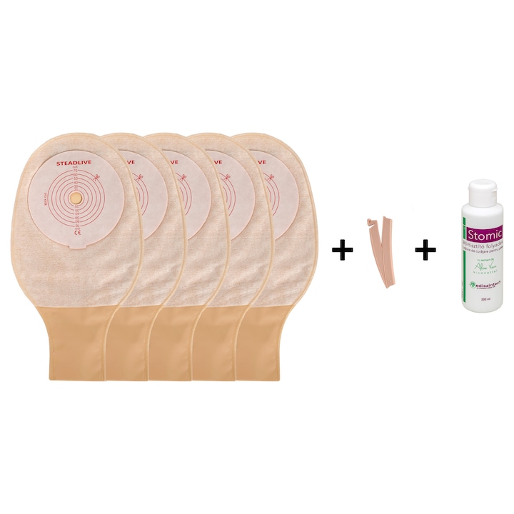 Pachet colostomie/ileostomie ADHESSIVE cu 5 saci Steadlive 20-70 mm, evacuare, filtru, opaci +1clema inchidere +1 Stomic cu Aloe Vera