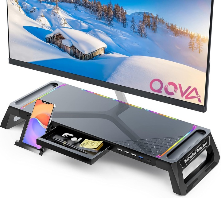Suport Monitor si Laptop, Masuta Multifunctionala Qova®, cu lumini RGB reglabile si 4 Porturi USB, Tava Depozitare, Suport Telefon si Baza Antiderapanta, Ergonomic, Reglabil in 3 Moduri/Nivele, Organizator de birou Ideal pentru Gaming sau Birou, Negru