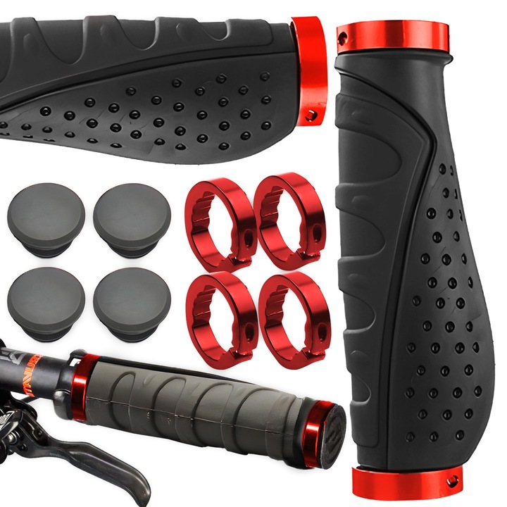 Set 2 mansoane bicicleta din cauciuc Renew Force® cu inel, Vine cu instrumente, Design ergonomic, Rezistent la uzura, Anti-alunecare, ideal pentru calatorii lungi, diametru interior 22 mm, lungime 135mm, Rosu, Negru GRIP-6-RED