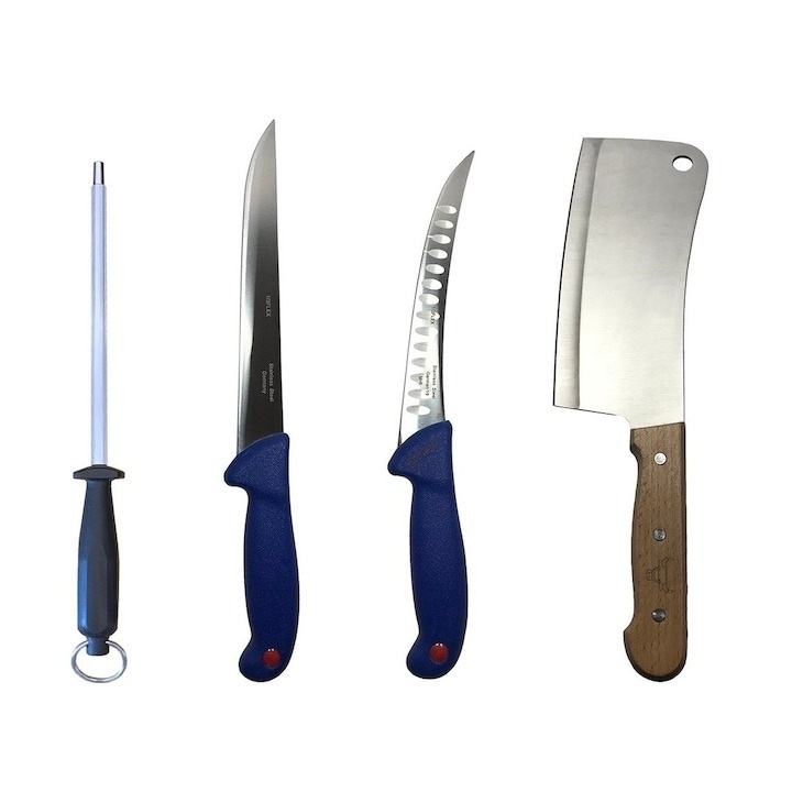 Set cutite profesionale de macelarie, filetat, transat, dezosat, 2 cutite, otel carbon, masat pentru ascutit, satar, Dactylion®