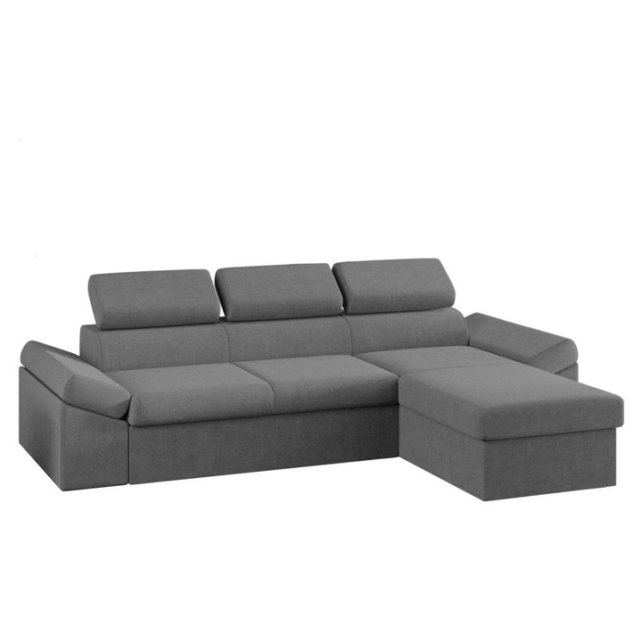 Coltar Jamaica, extensibil, cu lada depozitare, tetiere reglabile, stofa, 273 x 173 x 72 cm, Gri Deschis