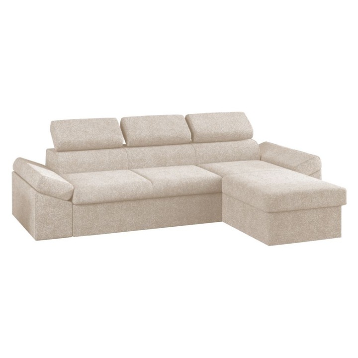 Coltar Jamaica, extensibil, cu lada depozitare, tetiere reglabile, plusat, 273 x 173 x 72 cm, Crem
