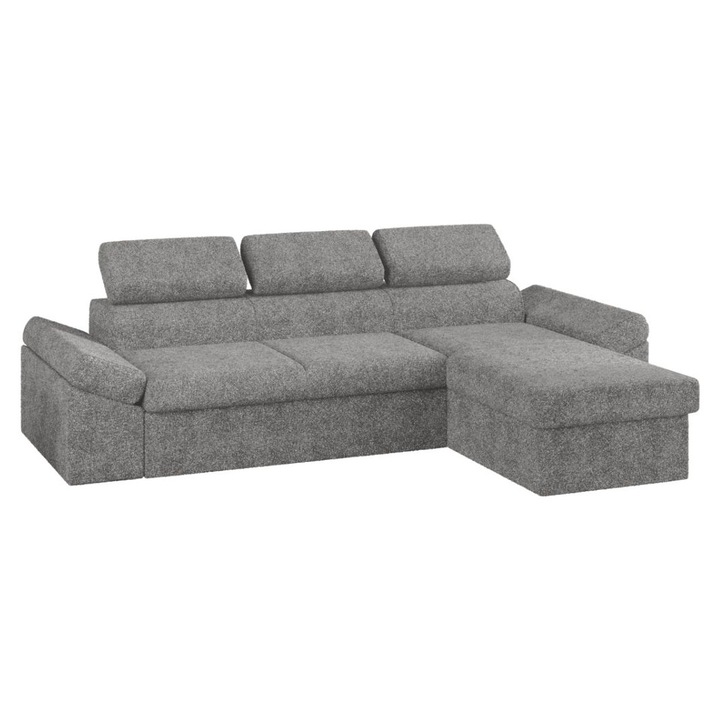 Coltar Jamaica, extensibil, cu lada depozitare, tetiere reglabile, plusat, 273 x 173 x 72 cm, Gri Deschis