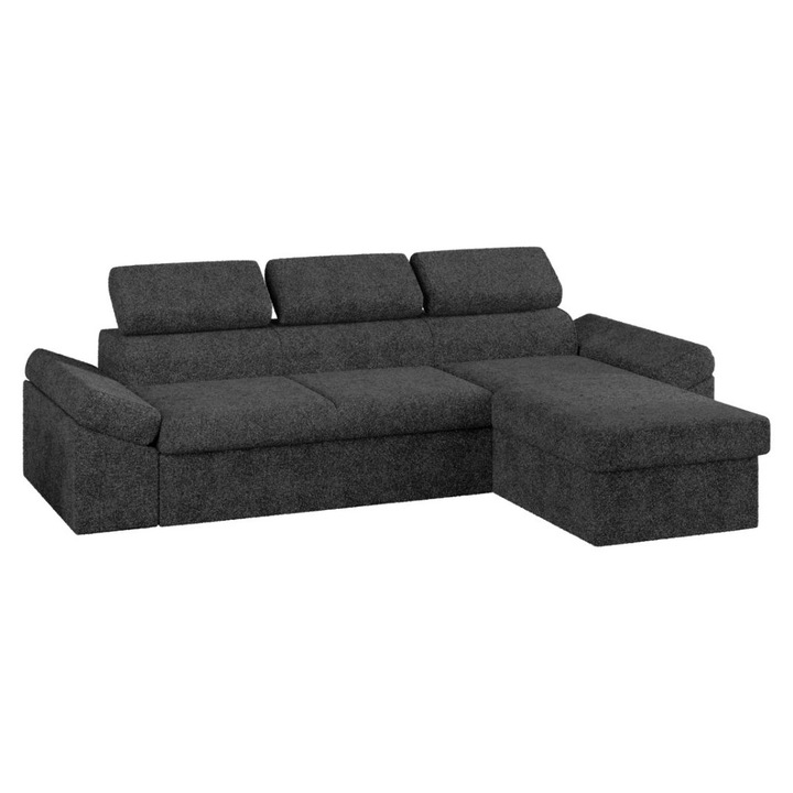 Coltar Jamaica, extensibil, cu lada depozitare, tetiere reglabile, plusat, 273 x 173 x 72 cm, Gri Inchis