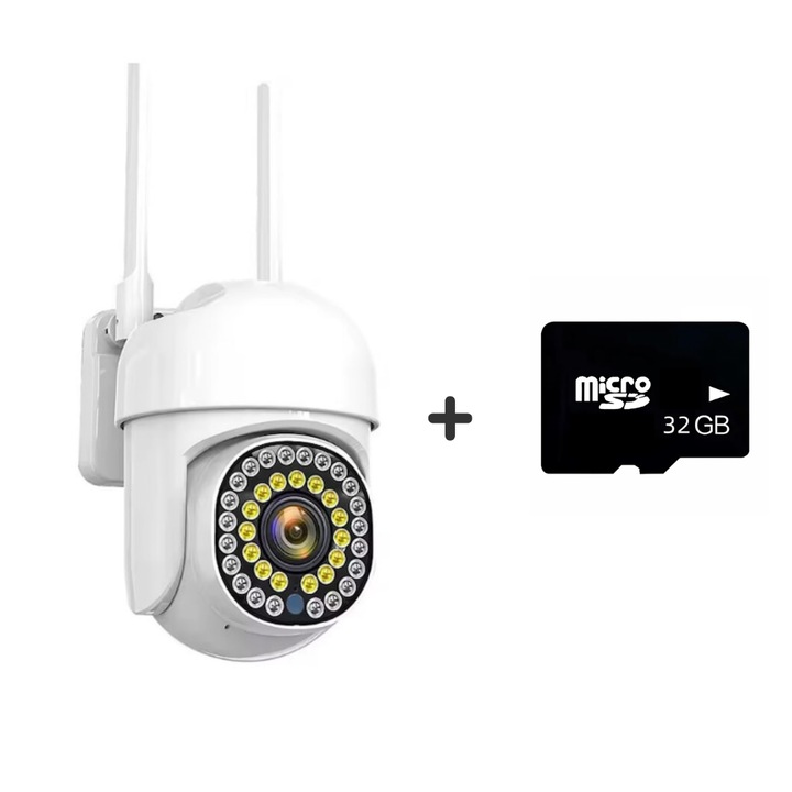 Camera de supraveghere WIFI, vedere nocturna, rotire, comunicare bidirectionala, stocare card/cloud, senzor miscare, utilizare interior si exterior, Alb + Card Memorie 32GB Cadou