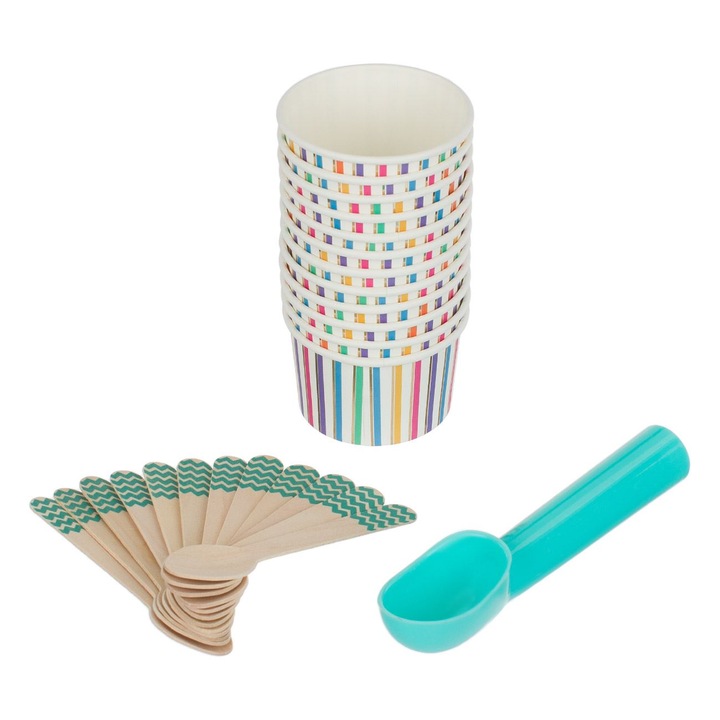 Set Servit Înghețată Multicolor, 12 boluri carton 6.5x4cm, 12 lingurițe lemn 11cm, 1 lingură servit plastic 15cm