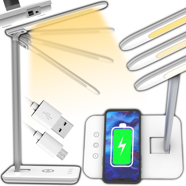 Lampa LED birou, incarcator wireless QI pentru telefon sau casti, control touch, port USB, temporizator, lumina in 5 culori-calda sau rece, ajustare intensitate cu atingere, pliabila, Alb