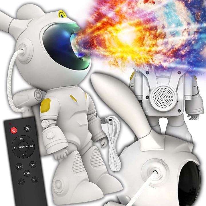 Astronaut Star projektor, Éjszakai fény Aurora Borealis és Stars gyerekeknek, Renew Force, 360°-os állítás, fehér szín, Bluetooth hangszóró, távirányító, Fényerő beállítás, egyedi hangulat, segít elaludni, TYD-YHY-004
