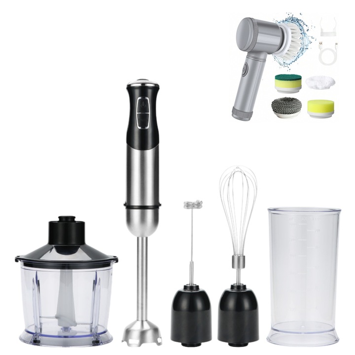Вертикален блендер Das Schaf™ 1000 W, чопър 500 ml, градуирана чаша 700 ml, остриета от неръждаема стомана, турбо функция – включва електрическо устройство за почистване на повърхности, 4 сменяеми глави